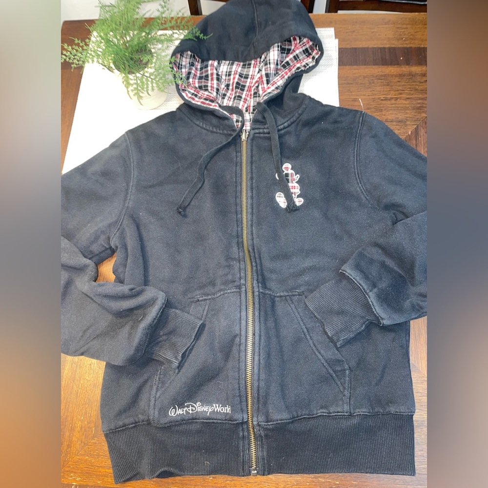 Disney World Mickey Mouse Plaid Hoodie Youth L 10/12 Black Zip Sweatshirt